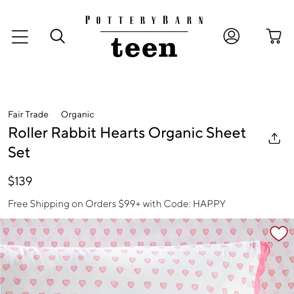 Roller Rabbit x Pottery Barn Pink and White Heart Sheet Set